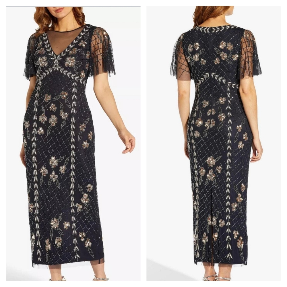 Adrianna Papell Floral Beaded Illusion V-Neck Flutter Sleeve Midi Dress 22W